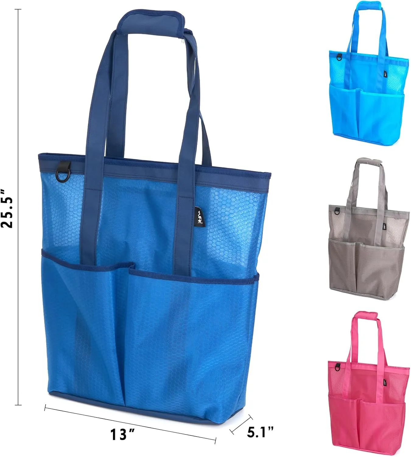 WFK Solid Mesh Beach Bag with Zipper, 6 Pockets, Waterproof, Sandproof, Perfect for Beach, Pool, Gym, Travel and Shopping