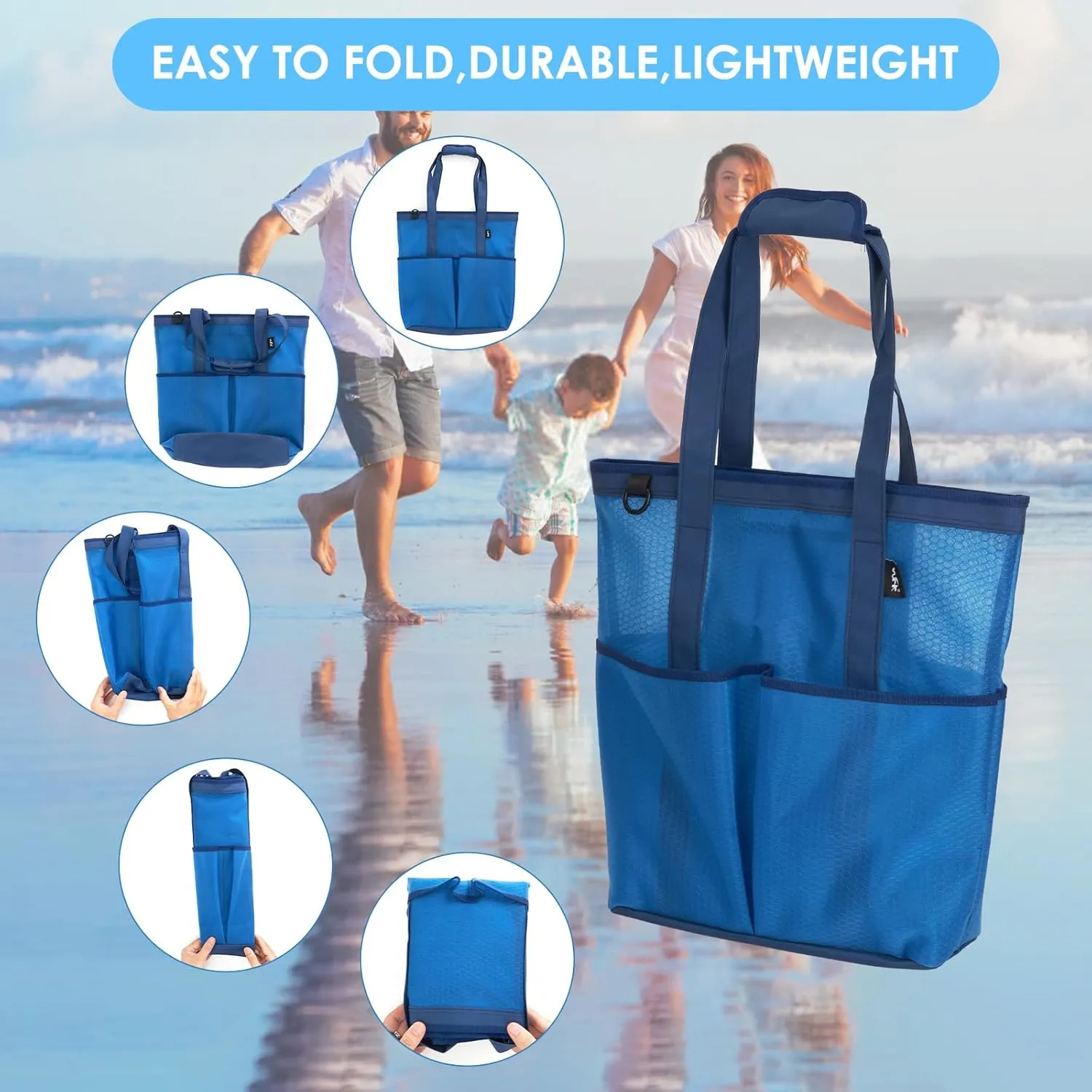 WFK Solid Mesh Beach Bag with Zipper, 6 Pockets, Waterproof, Sandproof, Perfect for Beach, Pool, Gym, Travel and Shopping