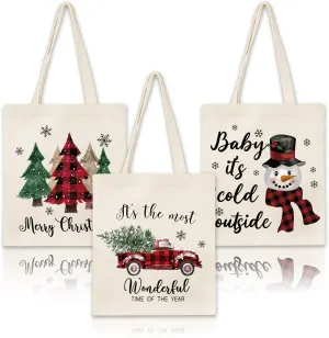 Whaline 3Pcs Christmas Canvas Tote Bags Plaid Xmas Tree Truck Snowman Grocery Shopping Bag Xmas Winter Reusable Gift Goodie Bag for Gifts Wrapping Storage, 13.4 x 15.8in
