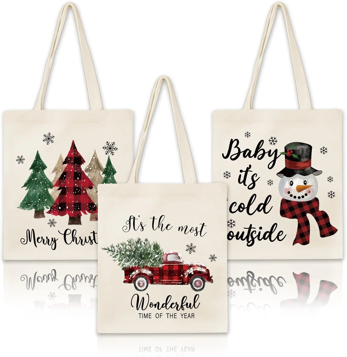 Whaline 3Pcs Christmas Canvas Tote Bags Plaid Xmas Tree Truck Snowman Grocery Shopping Bag Xmas Winter Reusable Gift Goodie Bag for Gifts Wrapping Storage, 13.4 x 15.8in