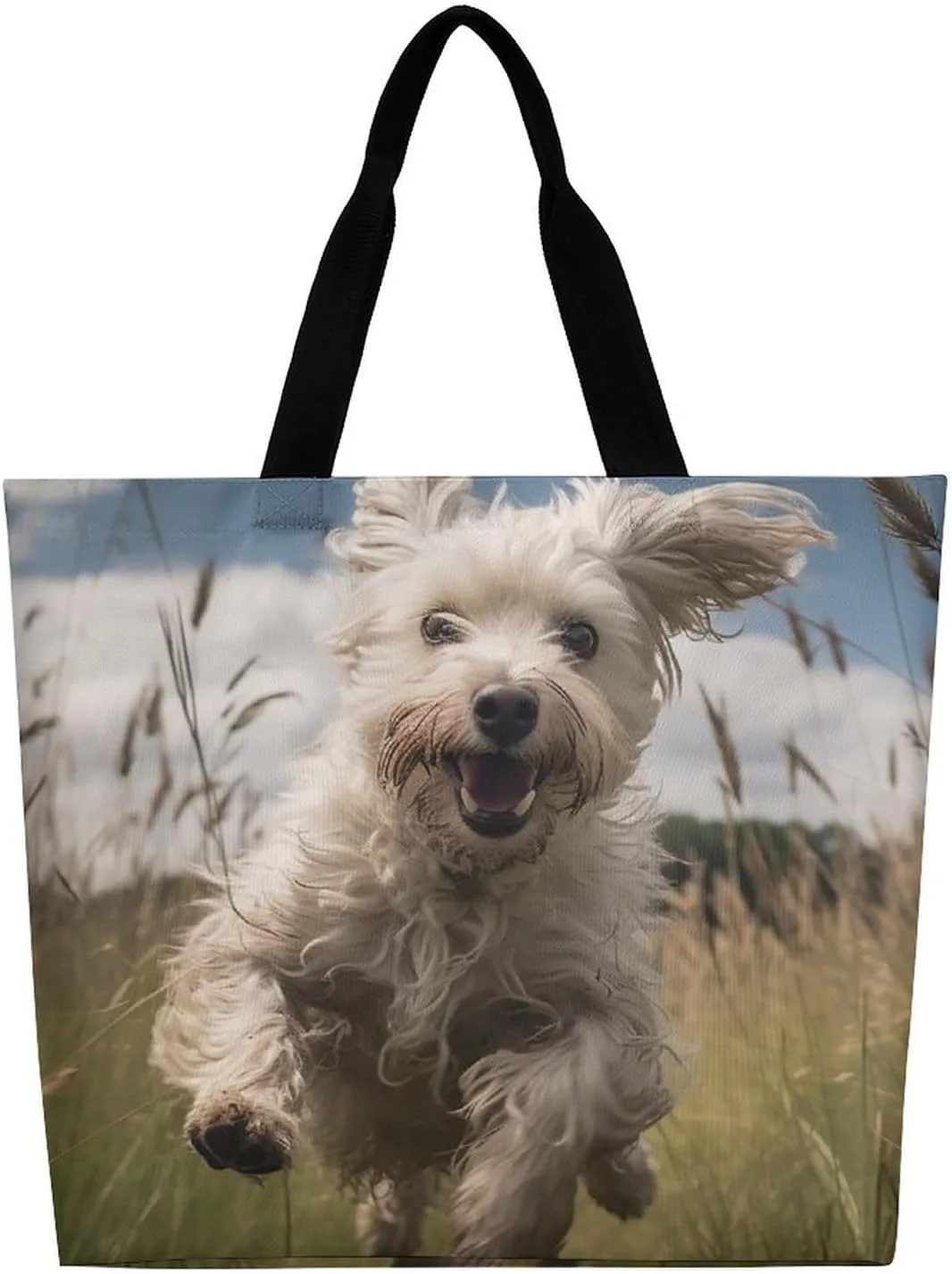 White Dog in The Field Tote Bag Large Women Casual Shoulder Bag Reusable Grocery Bag Fasion Handbag for Office Shopping Travel
