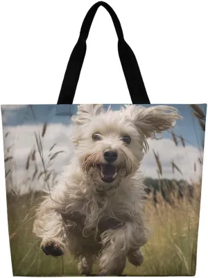 White Dog in The Field Tote Bag Large Women Casual Shoulder Bag Reusable Grocery Bag Fasion Handbag for Office Shopping Travel