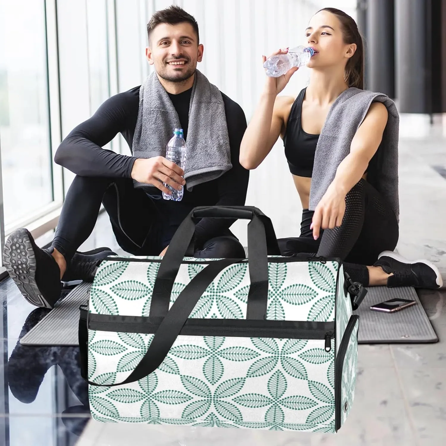 White Geometry Gym Duffle Bag for Men, Fan Shape Waterproof Sports duffle bag for travel Weekender Bags for Women Overnight Bag with Shoes Compartment