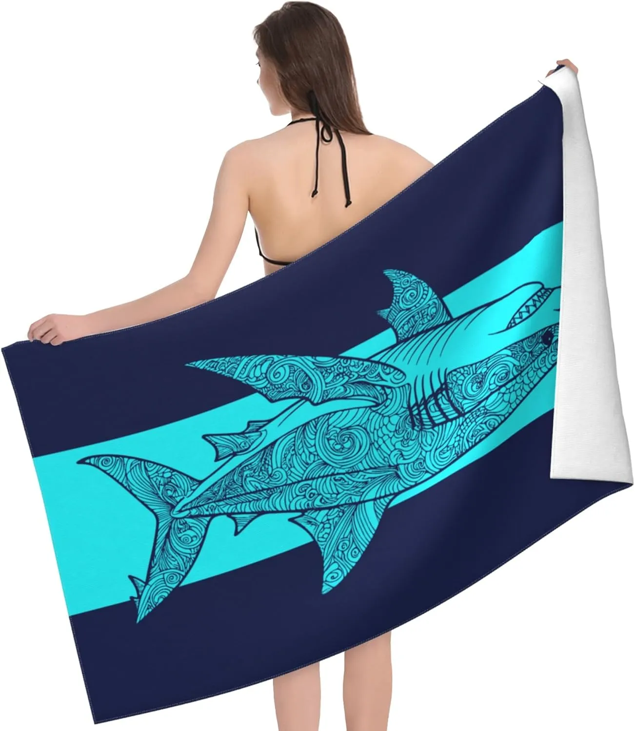 WIBUE Microfiber Oversized Beach Towel, Lightweight Quick Dry Sandproof Towels 60”x30” for Swim Pool Yoga Gym Camping, Beach Essentials Accessories Vacation Gift (Shark 1, 60”x30”)