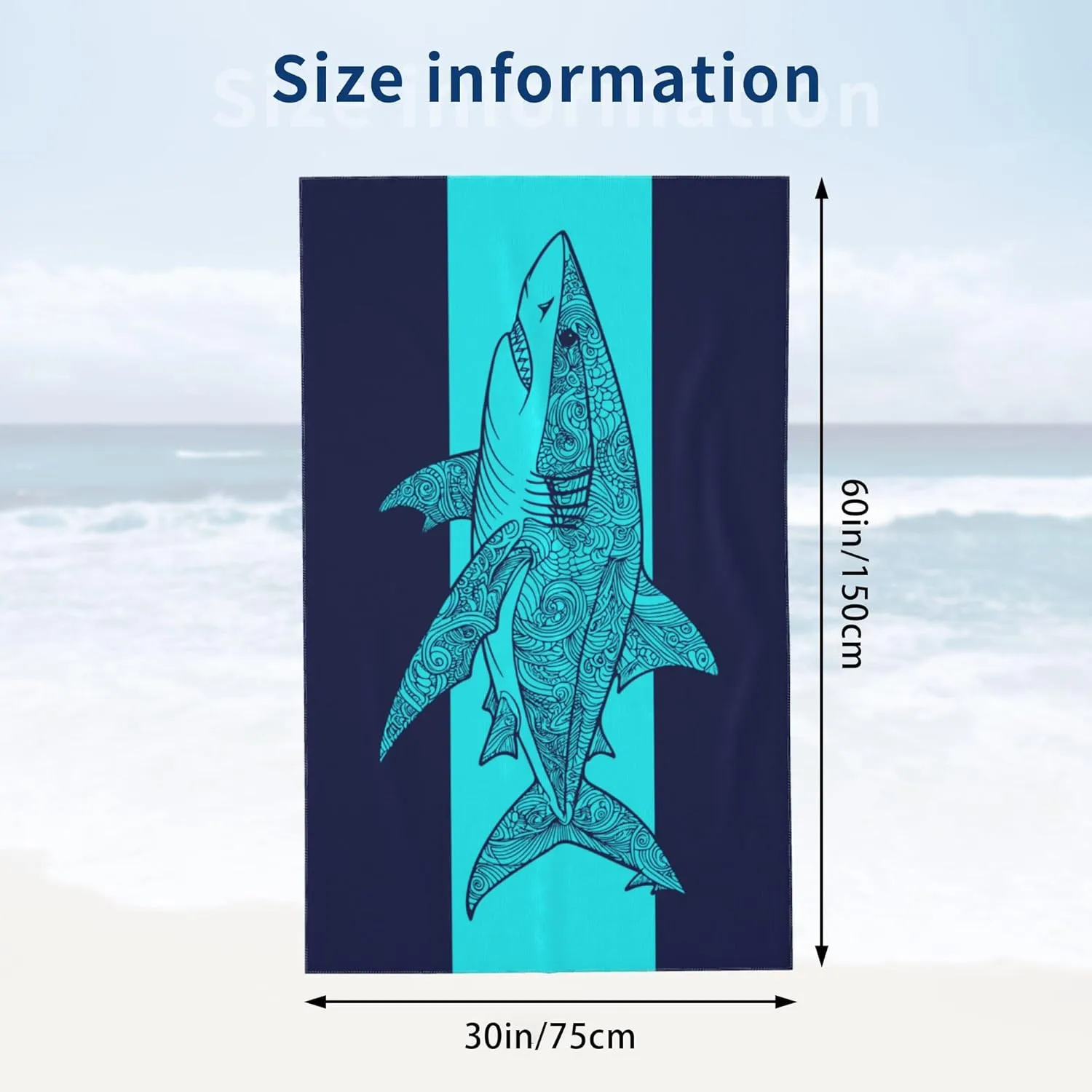 WIBUE Microfiber Oversized Beach Towel, Lightweight Quick Dry Sandproof Towels 60”x30” for Swim Pool Yoga Gym Camping, Beach Essentials Accessories Vacation Gift (Shark 1, 60”x30”)