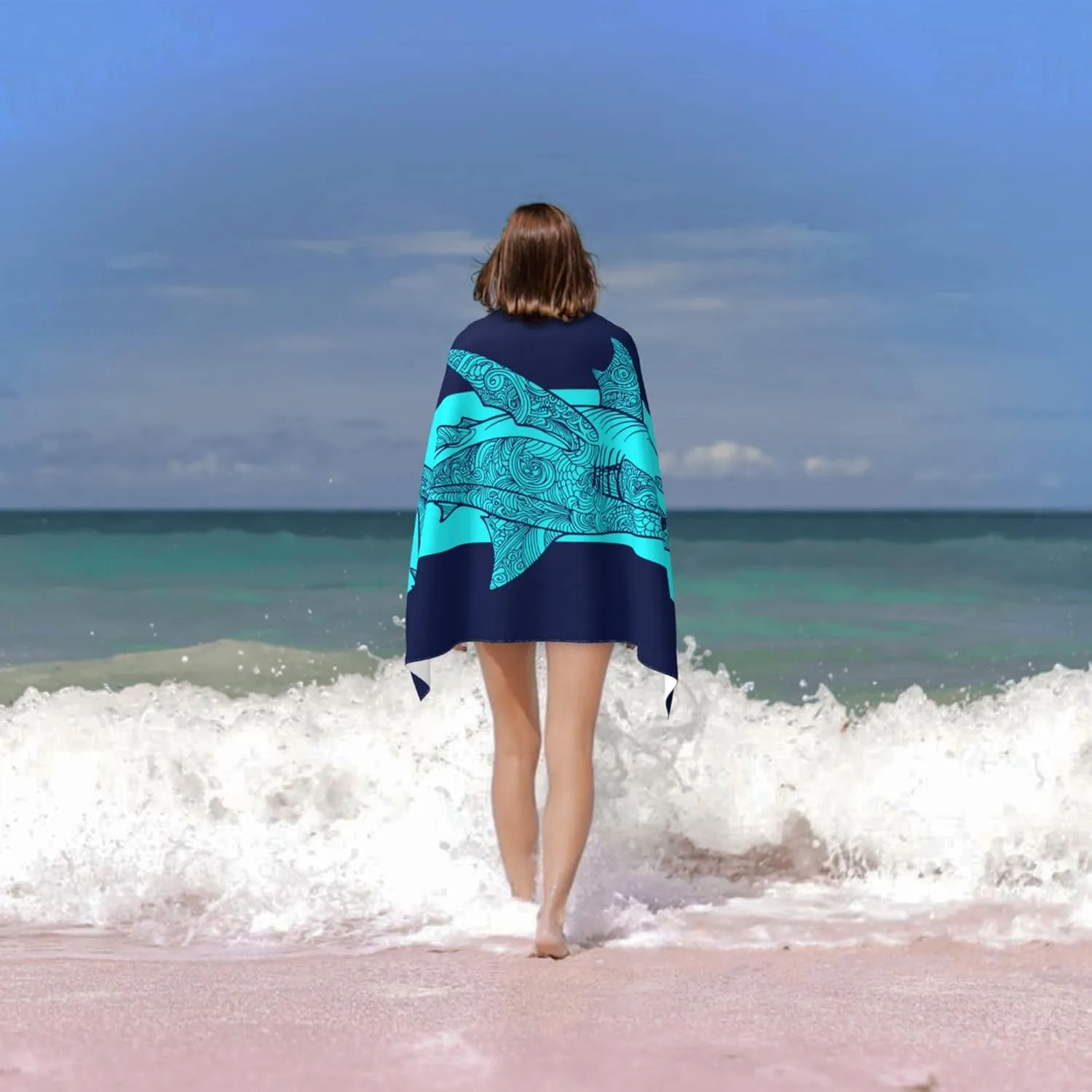 WIBUE Microfiber Oversized Beach Towel, Lightweight Quick Dry Sandproof Towels 60”x30” for Swim Pool Yoga Gym Camping, Beach Essentials Accessories Vacation Gift (Shark 1, 60”x30”)