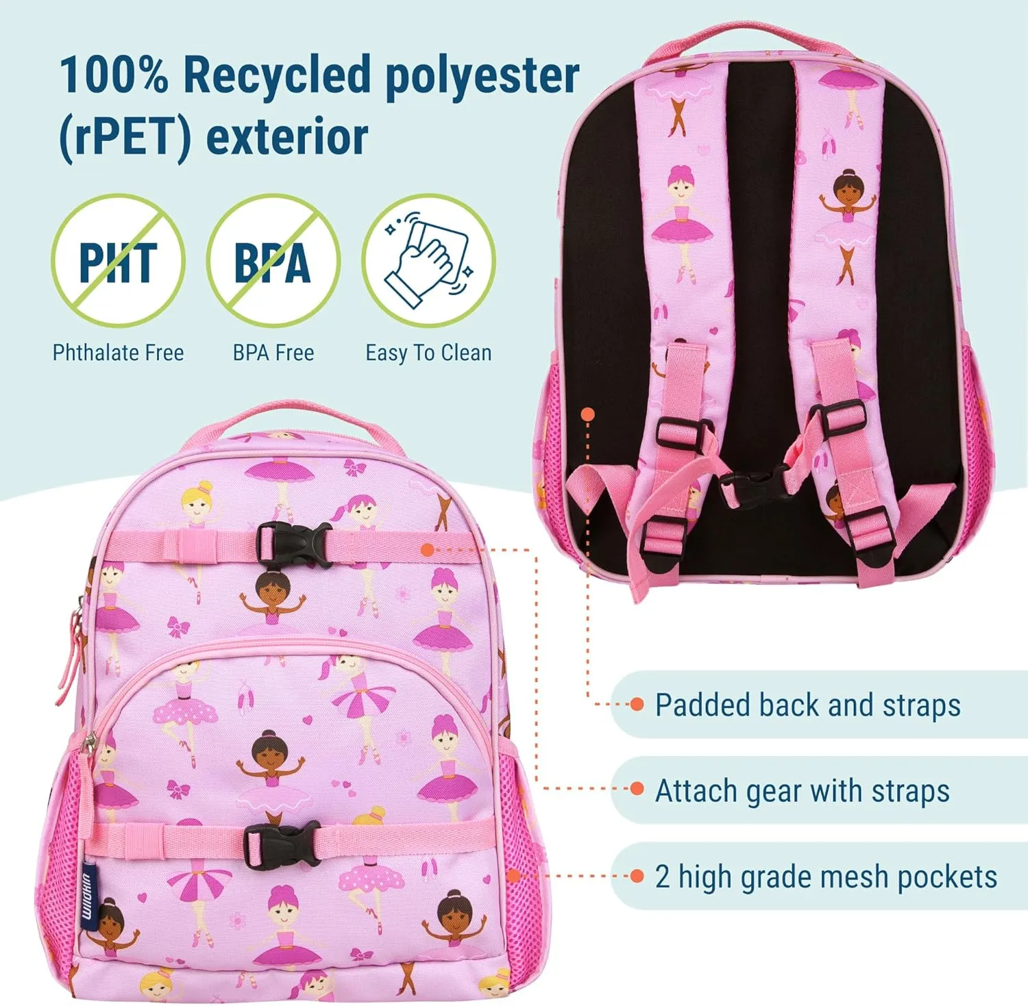Wildkin ECO rPET 15-inch Kids Backpack – Sustainable, Padded, Adjustable – Ballerina