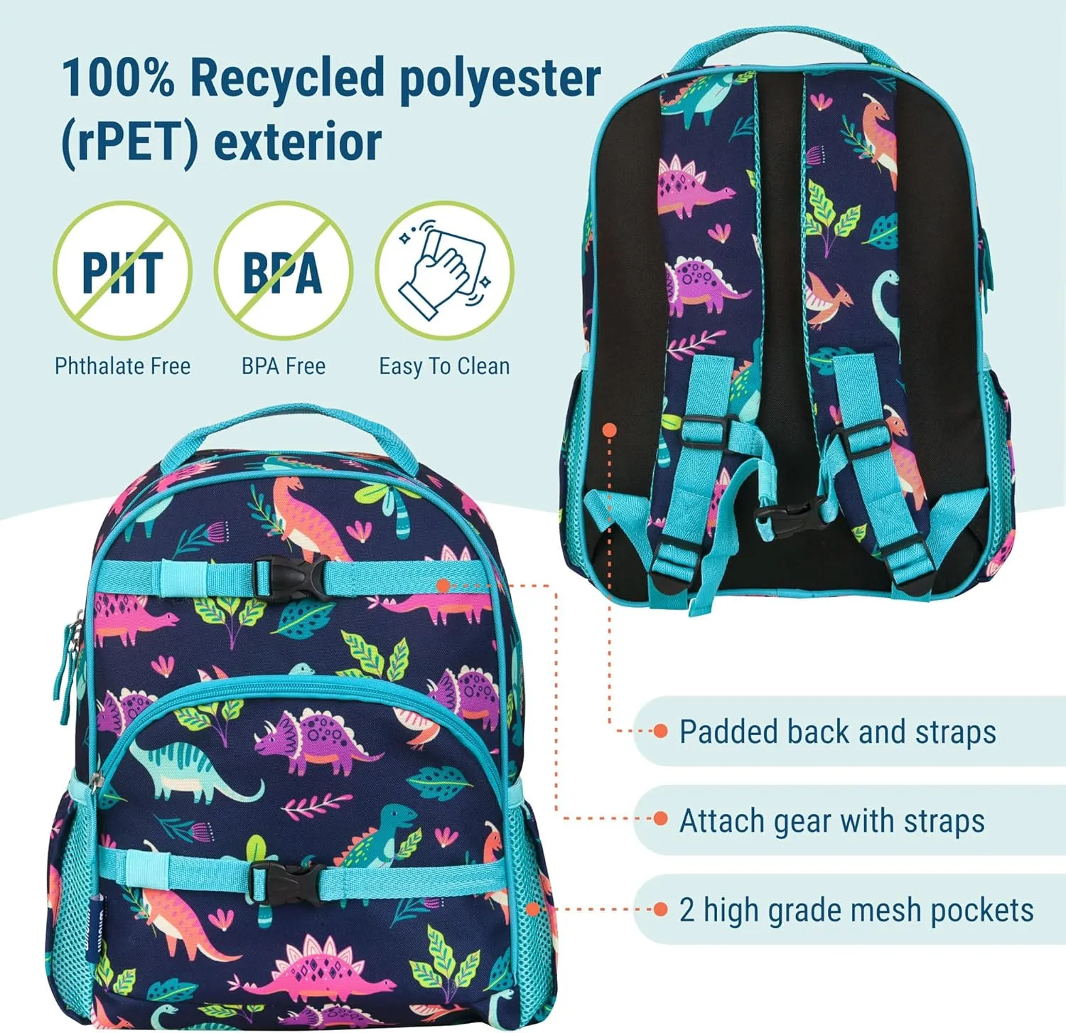 Wildkin ECO rPET 15-inch Kids Backpack – Sustainable, Padded, Adjustable – Darling Dinosaurs
