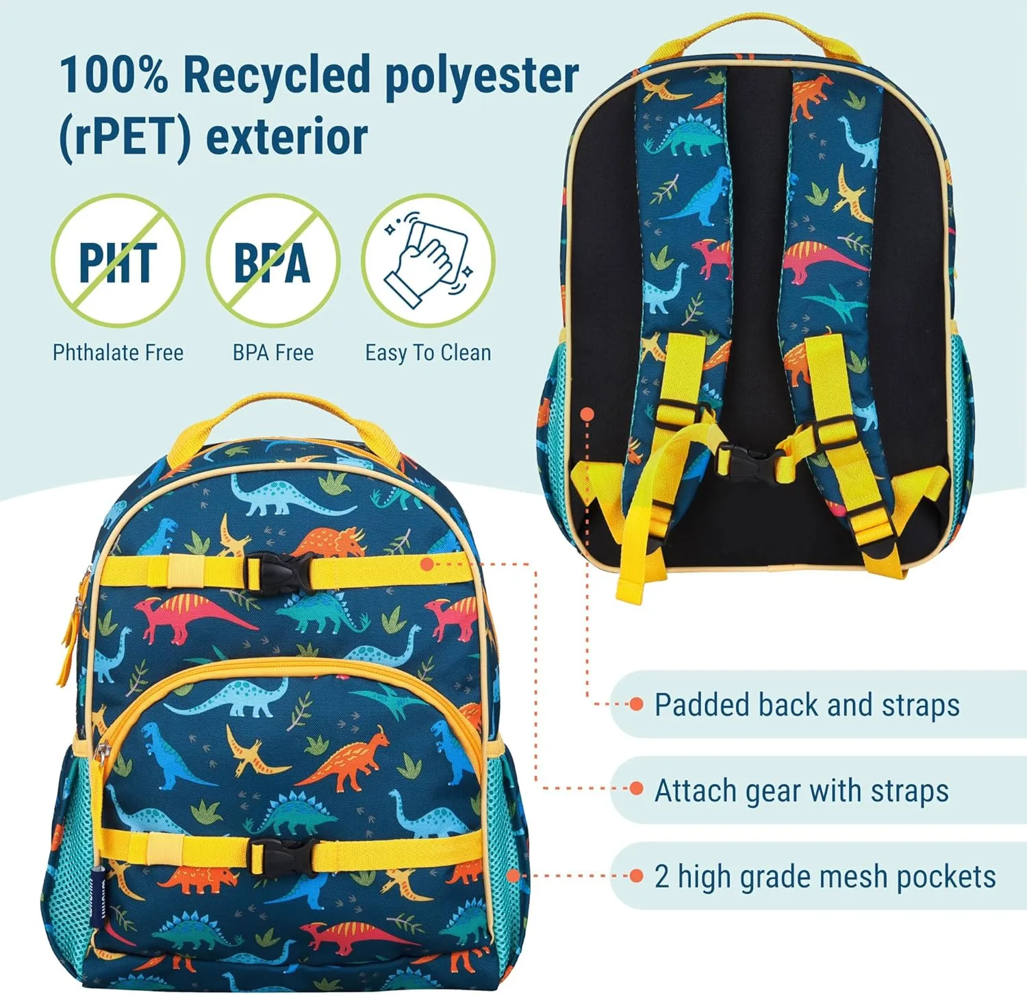 Wildkin ECO rPET 15-inch Kids Backpack – Sustainable, Padded, Adjustable – Jurassic Dinosaurs