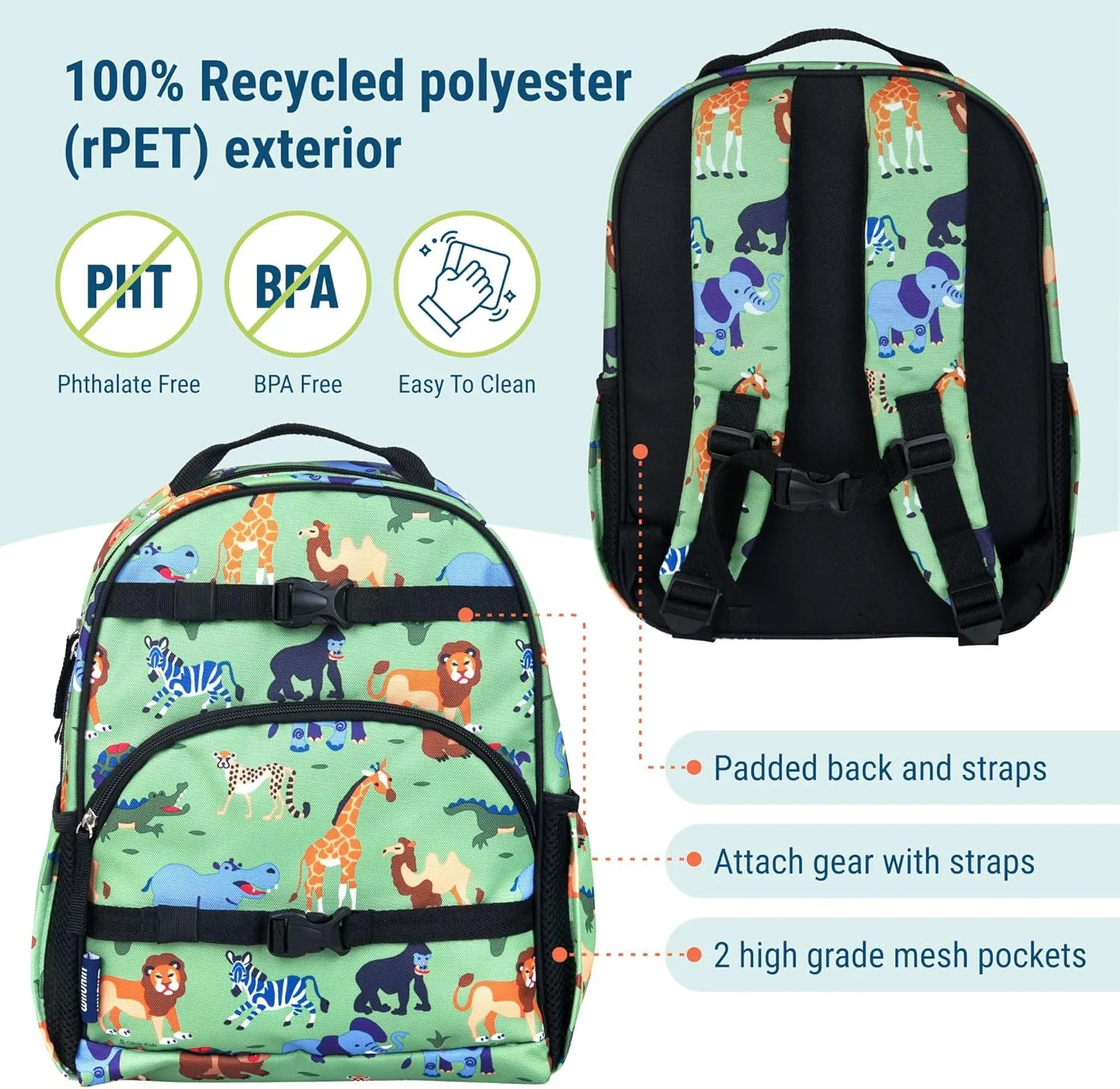 Wildkin ECO rPET 15-inch Kids Backpack – Sustainable, Padded, Adjustable – Wild Animals