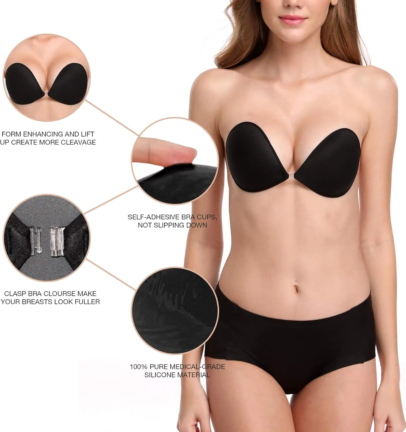 Wingslove Adhesive Bra Reusable Strapless Self Silicone Push-up Invisible Sticky Bras for Backless Dress