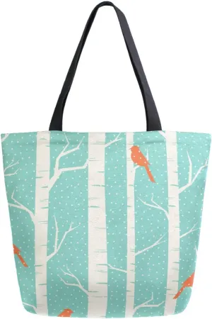 Winter Red Birds Canvas Tote Bag Birch Tree Forest Women Shoulder Bag Reusable Grocery Bags Large Handbag Travel Shopping Bag for School Nursing Gift Outdoors