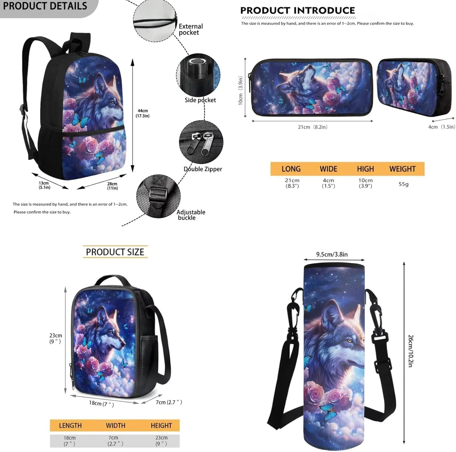 Wolf Backpack for Kids Girls School Bag with Lunch Box Pencil Case Pouch, Boys Bookbag School Daypack for Travel Picnic Hiking Back to School Supplies
