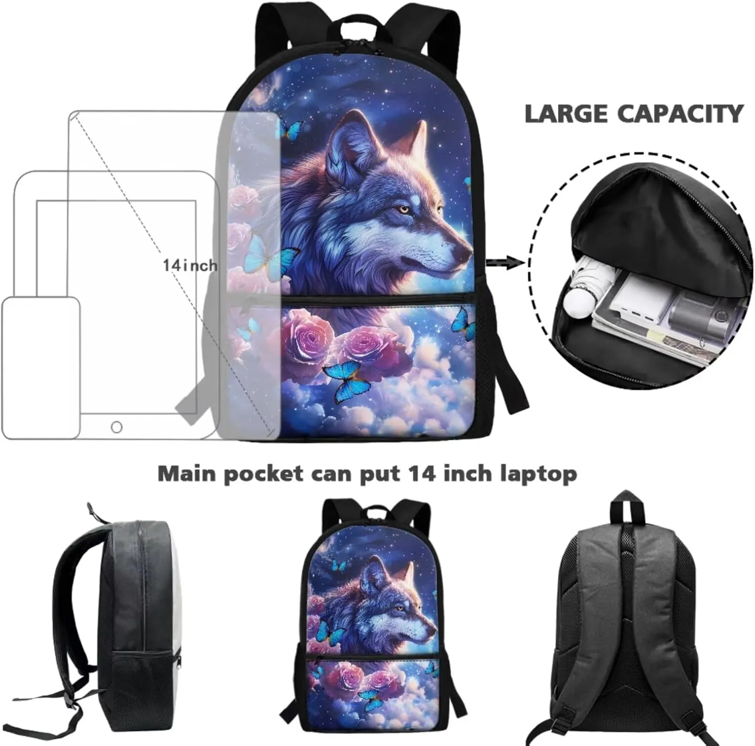 Wolf Backpack for Kids Girls School Bag with Lunch Box Pencil Case Pouch, Boys Bookbag School Daypack for Travel Picnic Hiking Back to School Supplies