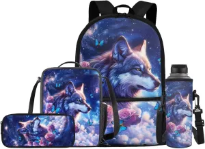 Wolf Backpack for Kids Girls School Bag with Lunch Box Pencil Case Pouch, Boys Bookbag School Daypack for Travel Picnic Hiking Back to School Supplies