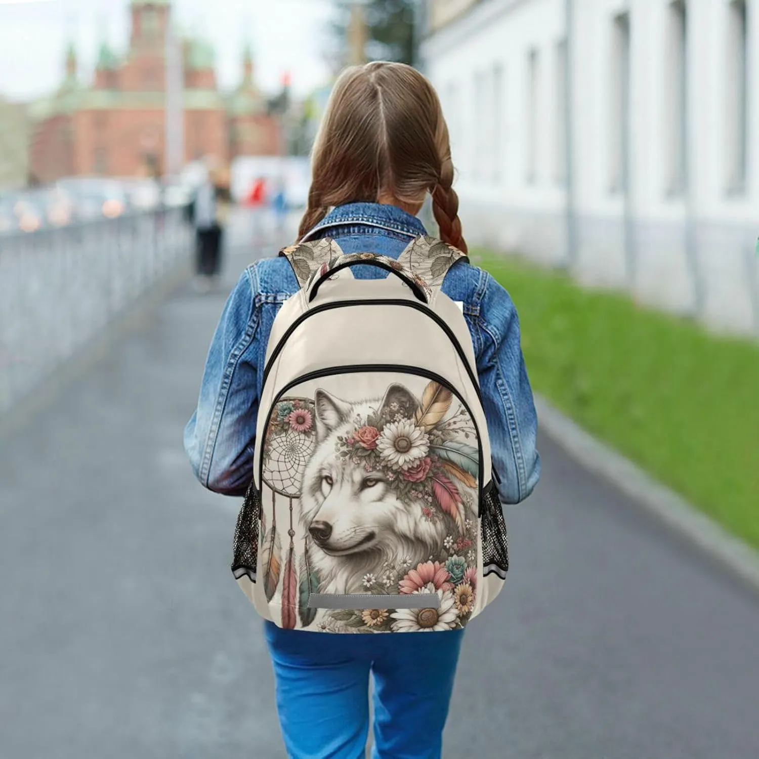 Wolf Backpack for Students Boys Girls Flower Dreamcatcher Wolf School Bag Travel Daypack Rucksack