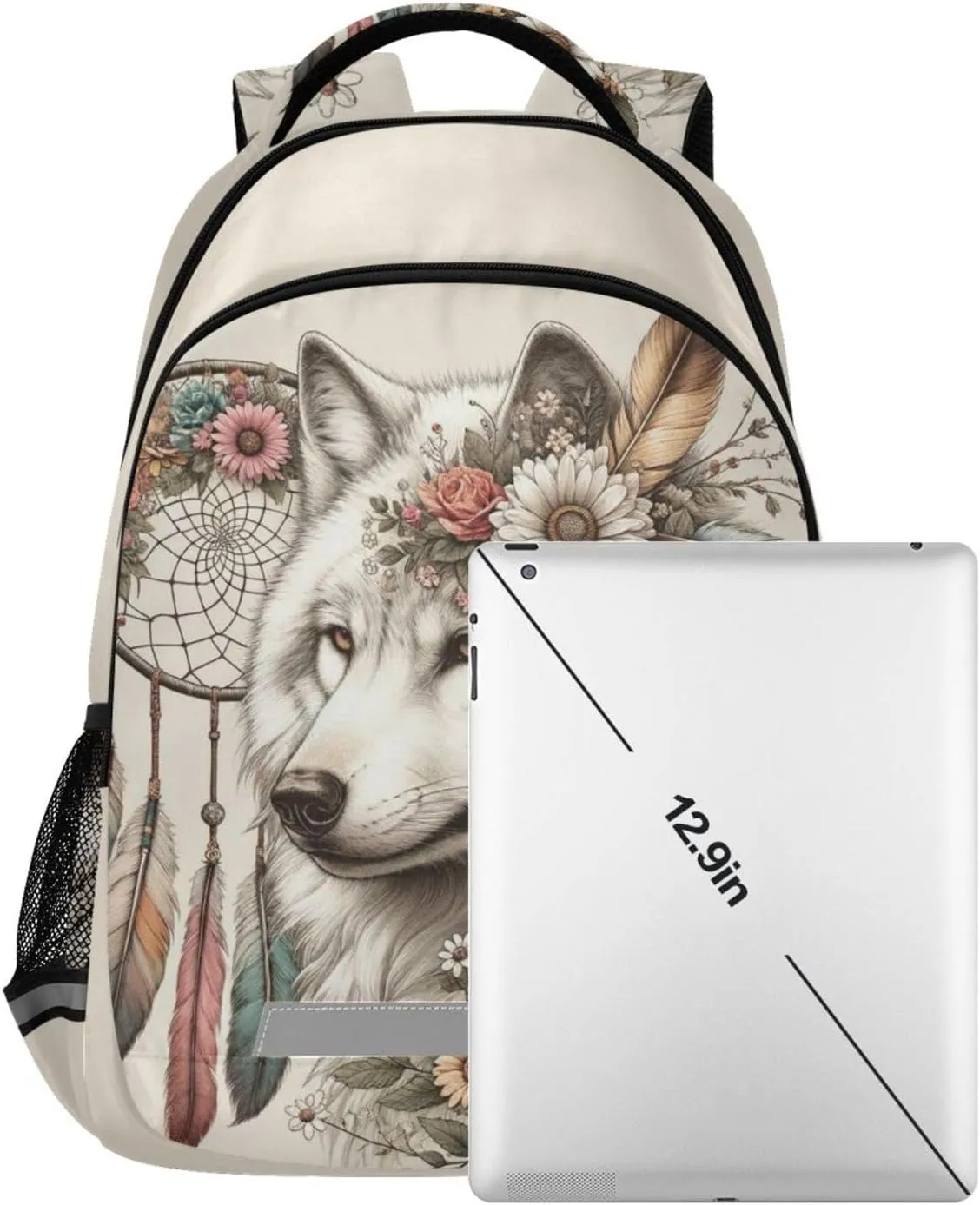Wolf Backpack for Students Boys Girls Flower Dreamcatcher Wolf School Bag Travel Daypack Rucksack