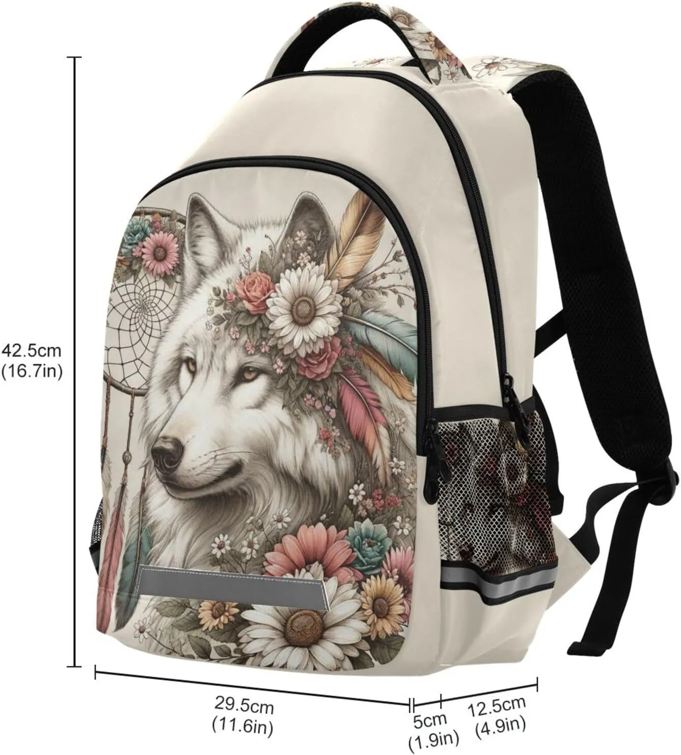 Wolf Backpack for Students Boys Girls Flower Dreamcatcher Wolf School Bag Travel Daypack Rucksack