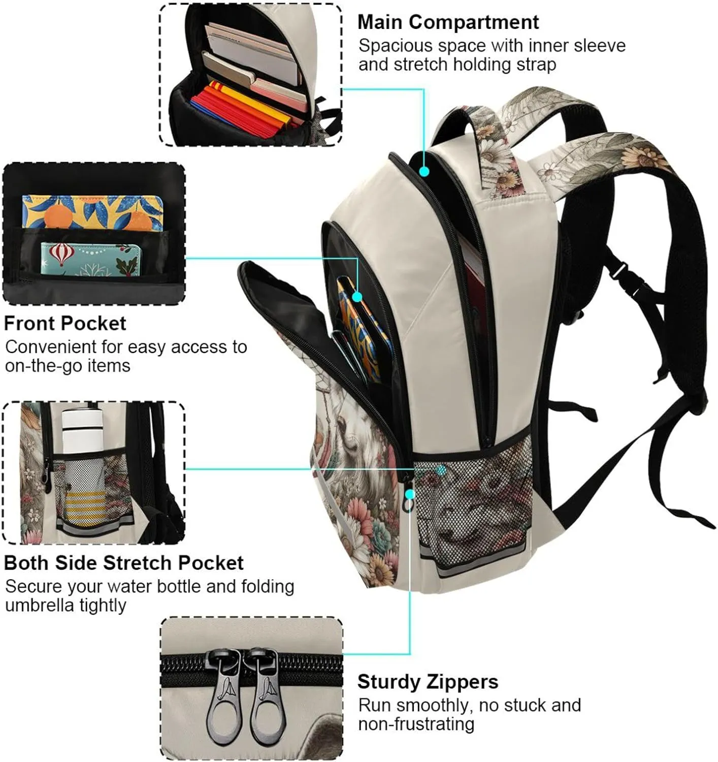 Wolf Backpack for Students Boys Girls Flower Dreamcatcher Wolf School Bag Travel Daypack Rucksack