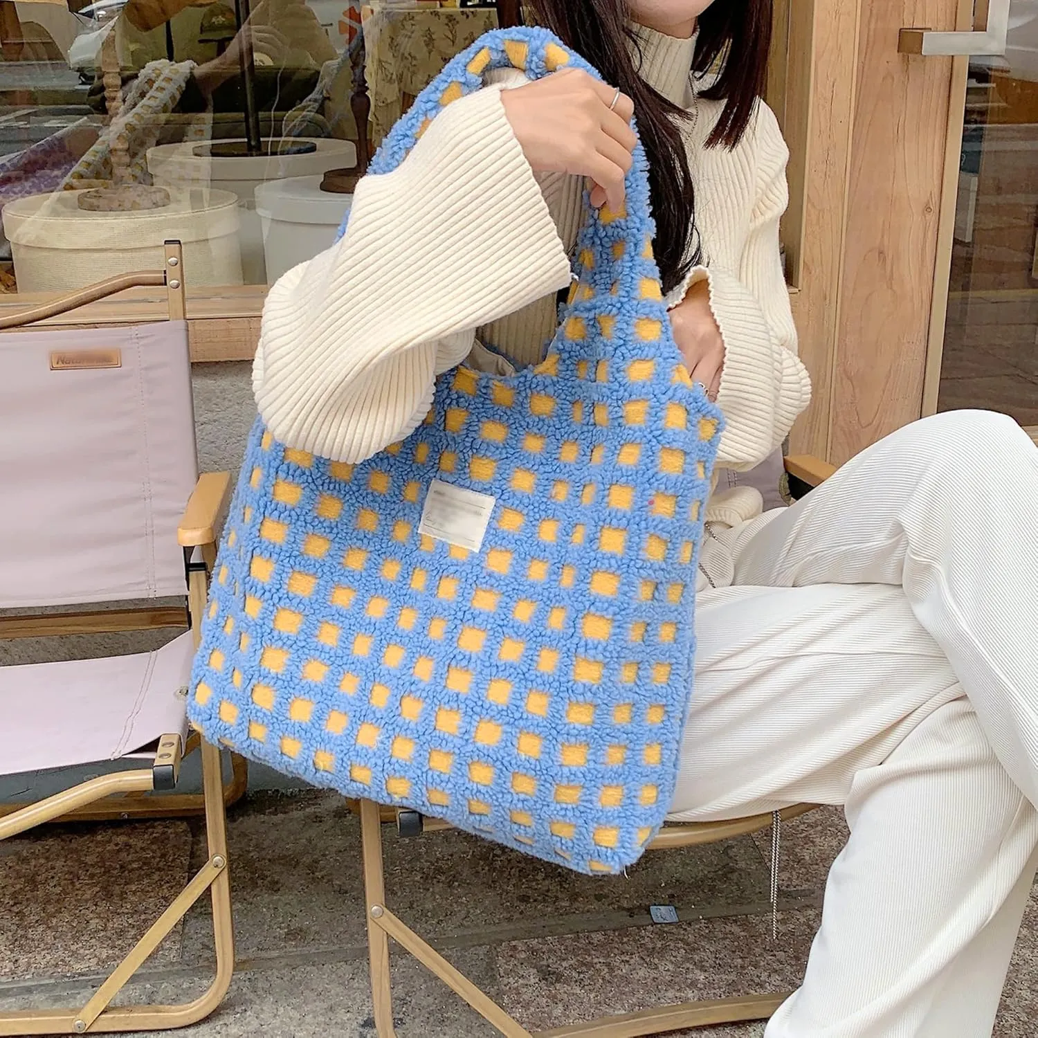 Women Ladies Cute Bear Plush Shoulder Bag Large Tote Handbag Purse Faux Fur Shopping Dating Bag