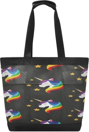 Women Mesh Beach Bag With Zipper and Pockets, Unicorn Rainbow Mane Pool Bag Large Beach Tote Bag Travel HandBag Shoulder Bag for Women Girls