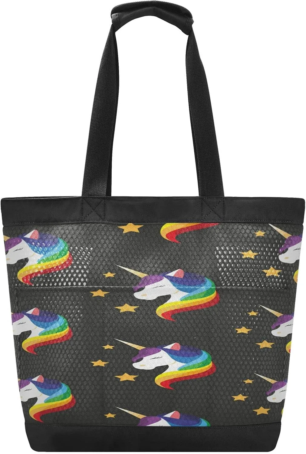 Women Mesh Beach Bag With Zipper and Pockets, Unicorn Rainbow Mane Pool Bag Large Beach Tote Bag Travel HandBag Shoulder Bag for Women Girls
