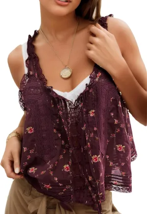 Women Sleeveless Lace Trim Tank Tops Beach Vacation Essentials Button Down Front Tie Mesh Chiffon Crop Tops
