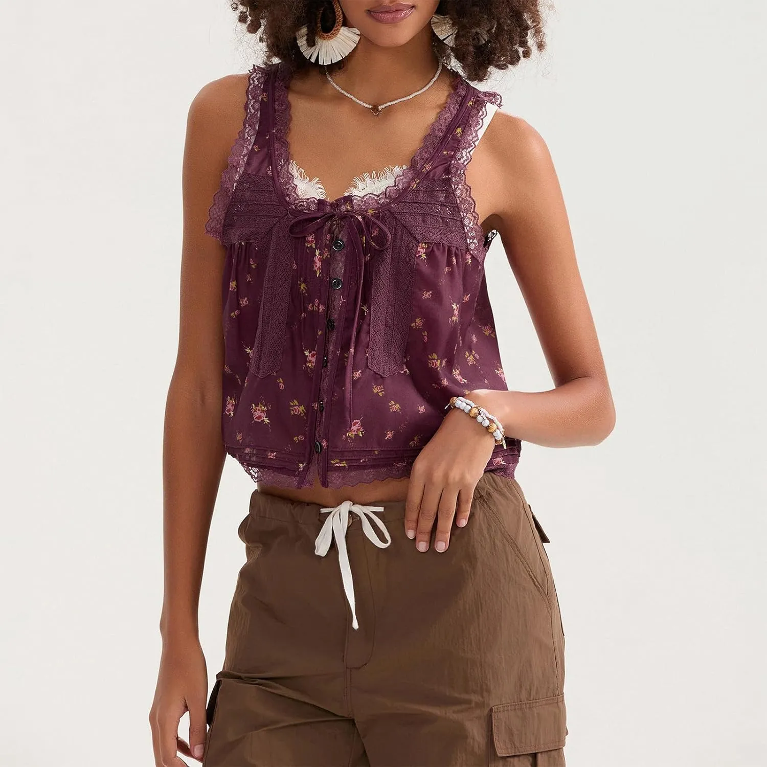 Women Sleeveless Lace Trim Tank Tops Beach Vacation Essentials Button Down Front Tie Mesh Chiffon Crop Tops