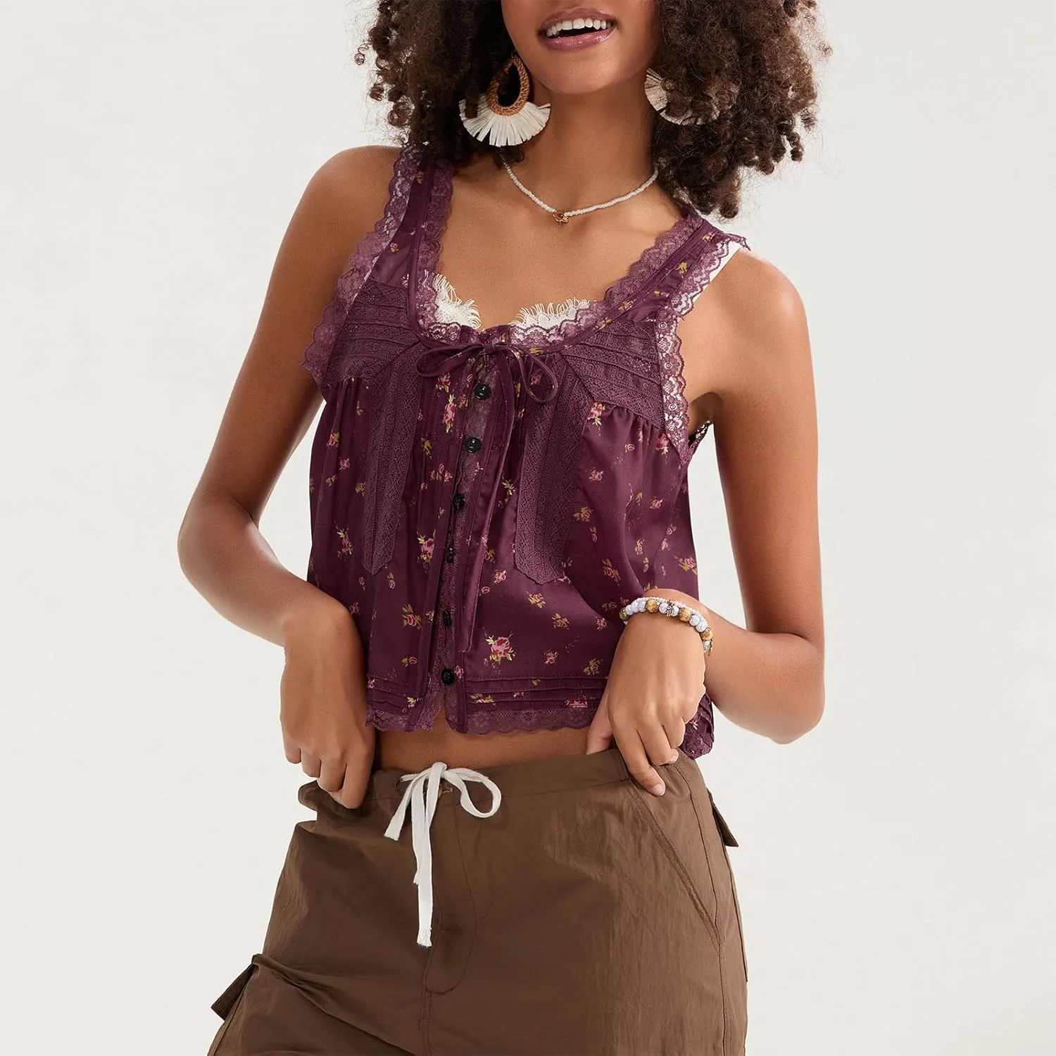 Women Sleeveless Lace Trim Tank Tops Beach Vacation Essentials Button Down Front Tie Mesh Chiffon Crop Tops