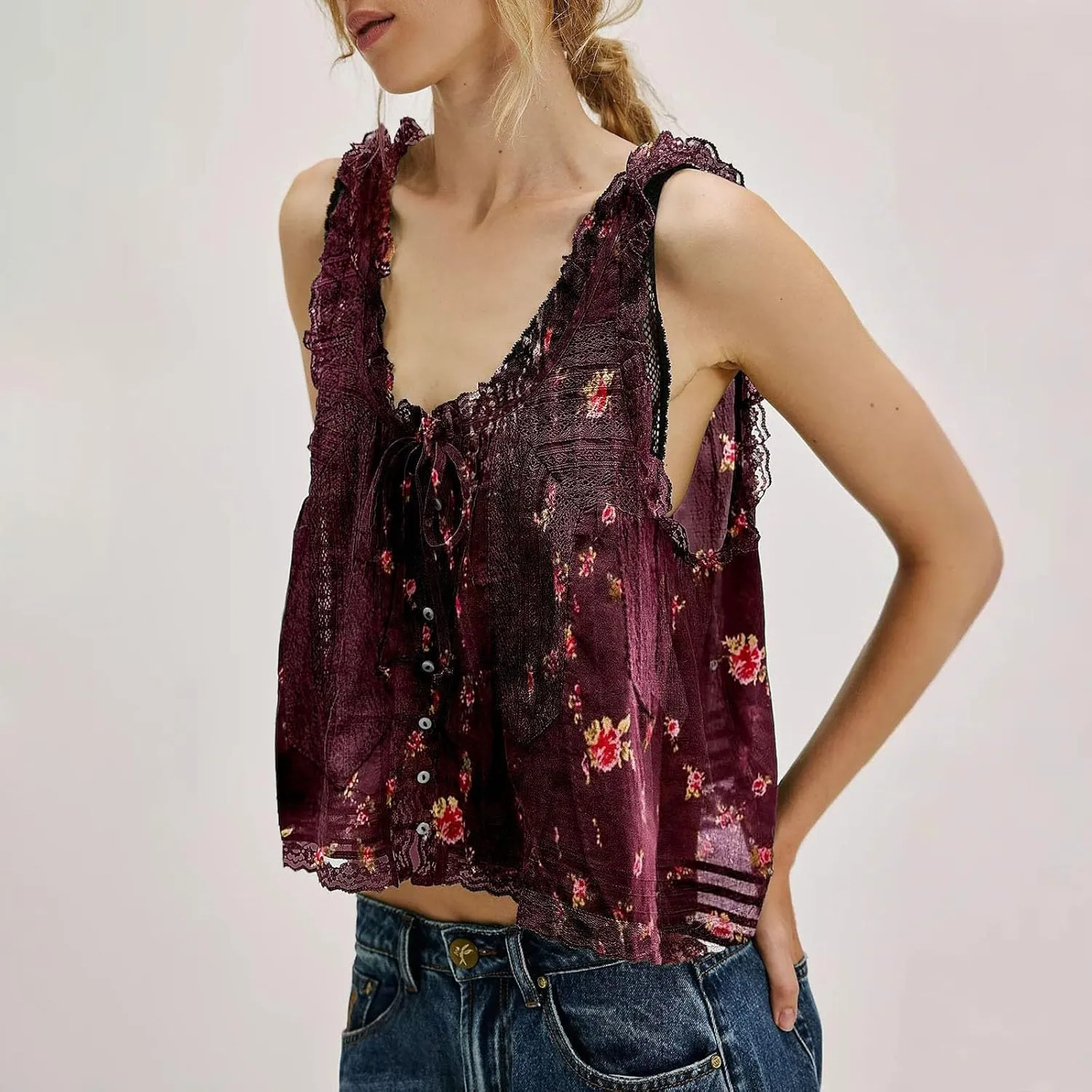 Women Sleeveless Lace Trim Tank Tops Beach Vacation Essentials Button Down Front Tie Mesh Chiffon Crop Tops