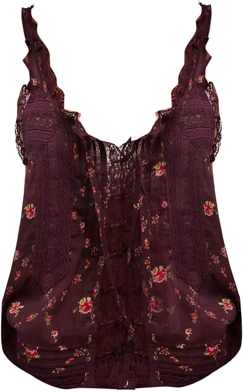 Women Sleeveless Lace Trim Tank Tops Beach Vacation Essentials Button Down Front Tie Mesh Chiffon Crop Tops