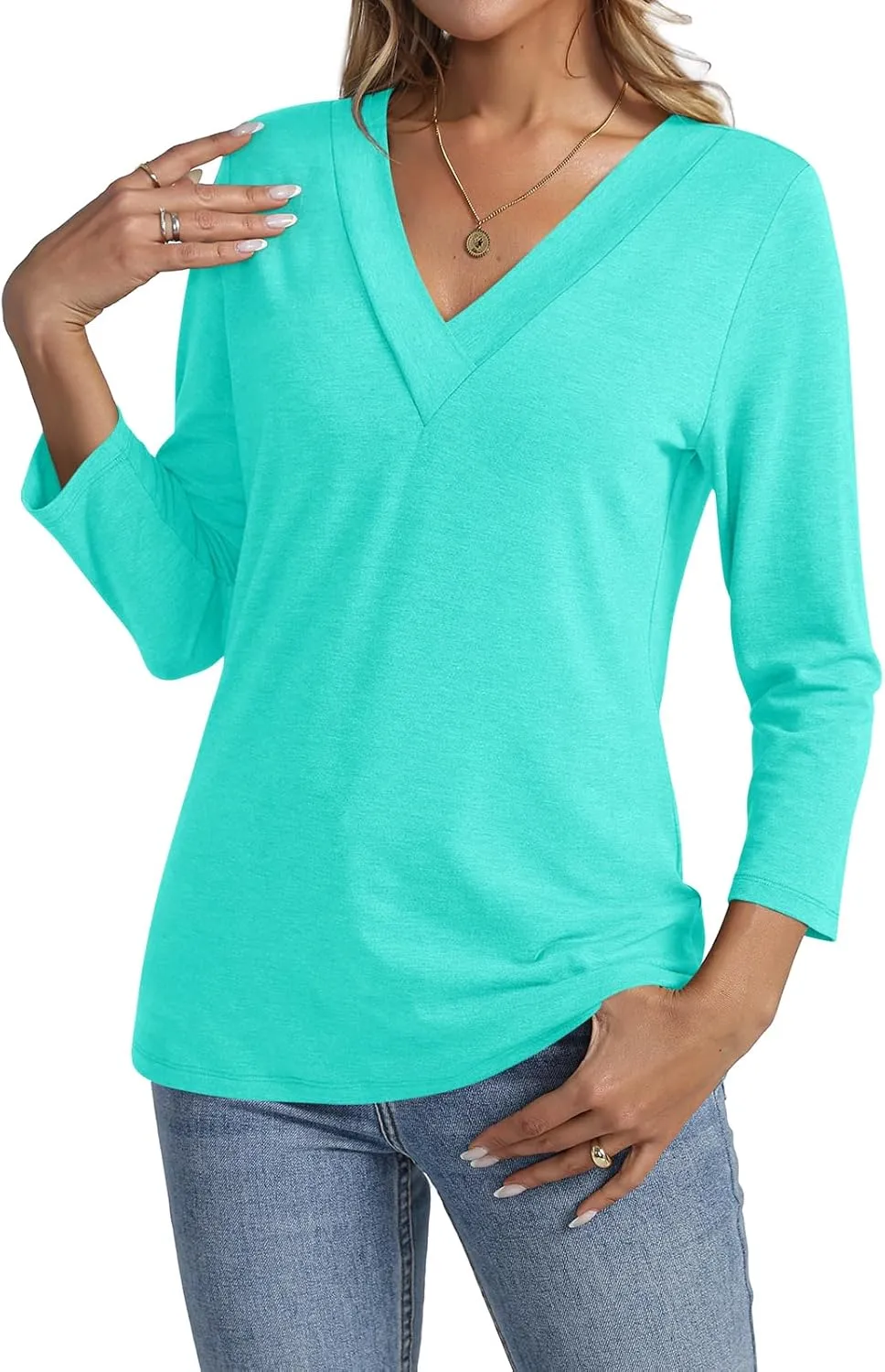 Women's 3/4 Sleeve Shirts V Neck Summer Tops Casual Tunics Tops Basic Tees Blouse Loose Fit