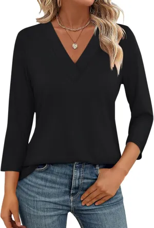 Women's 3/4 Sleeve Shirts V Neck Summer Tops Casual Tunics Tops Basic Tees Blouse Loose Fit