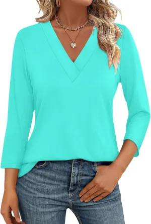 Women's 3/4 Sleeve Shirts V Neck Summer Tops Casual Tunics Tops Basic Tees Blouse Loose Fit