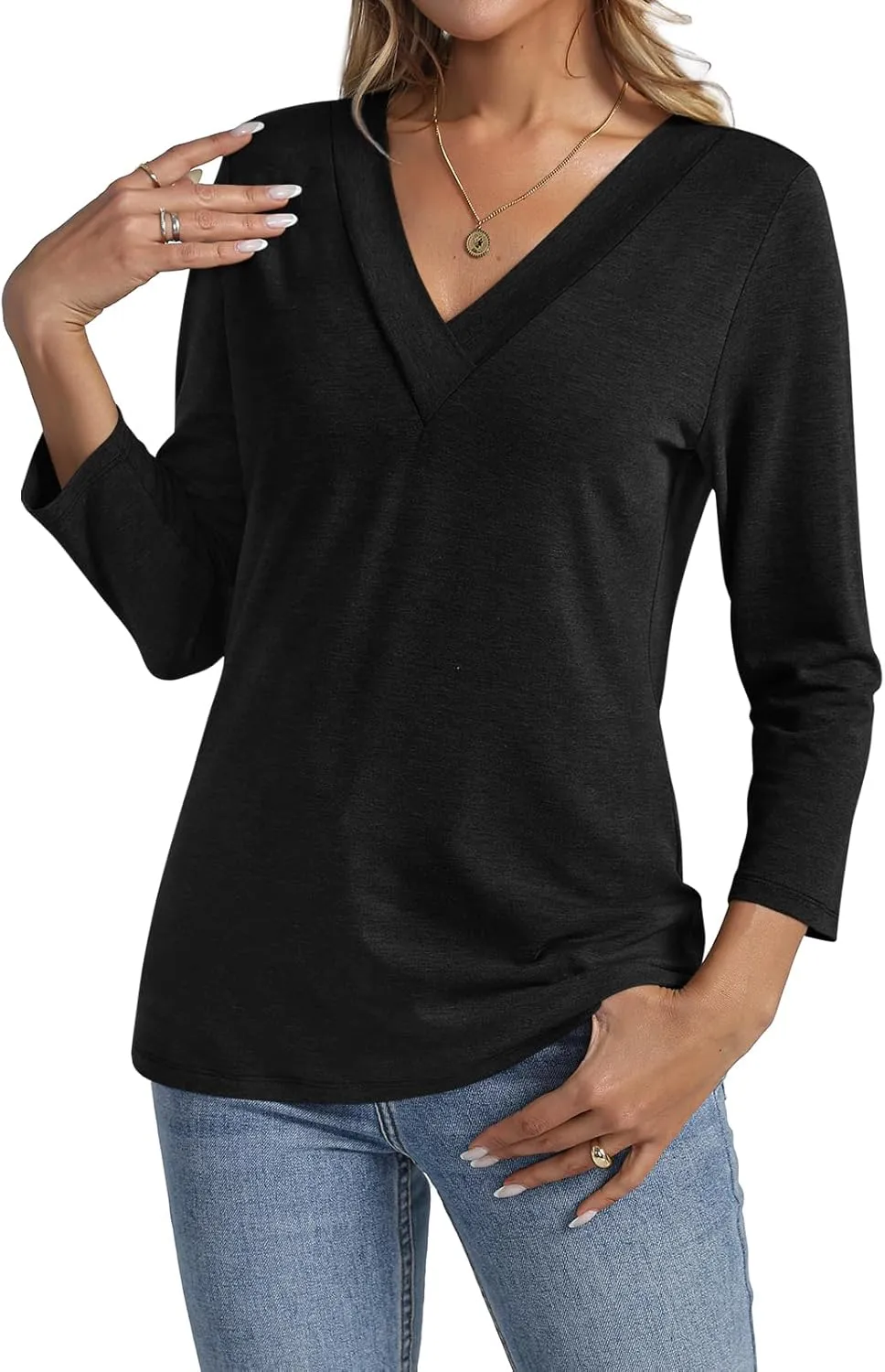 Women's 3/4 Sleeve Shirts V Neck Summer Tops Casual Tunics Tops Basic Tees Blouse Loose Fit