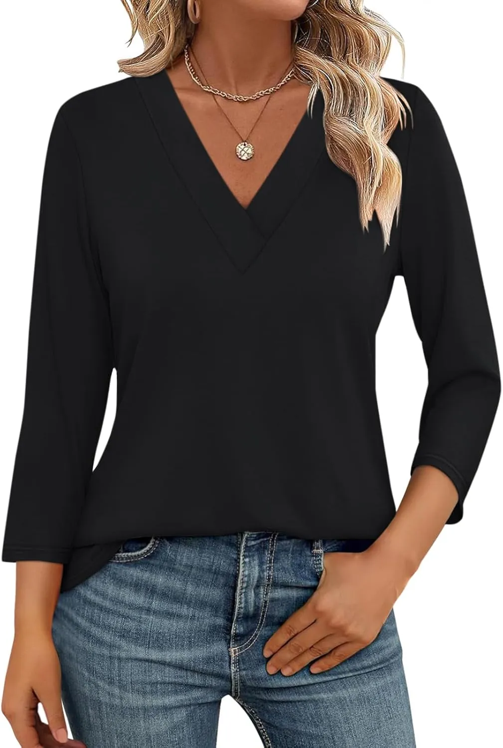 Women's 3/4 Sleeve Shirts V Neck Summer Tops Casual Tunics Tops Basic Tees Blouse Loose Fit