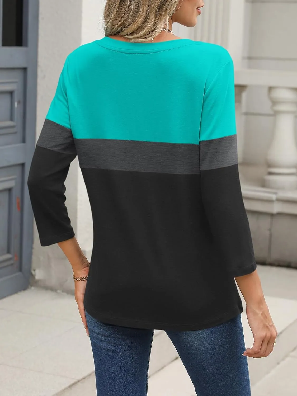 Womens 3/4 Sleeve Tops Zipper Color Block Tunic Tops Casual Summer Shirts Trendy Tops