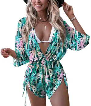 Women's Beach Deep V Neck Drawstring Swim Bikini Bathing Suit Cover up