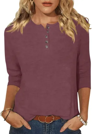 Women's Casual 3/4 Sleeve T-Shirts Oversized Button V Neck Basic Tees Blouses Solid Loose Henley Shirts Fall Clothes