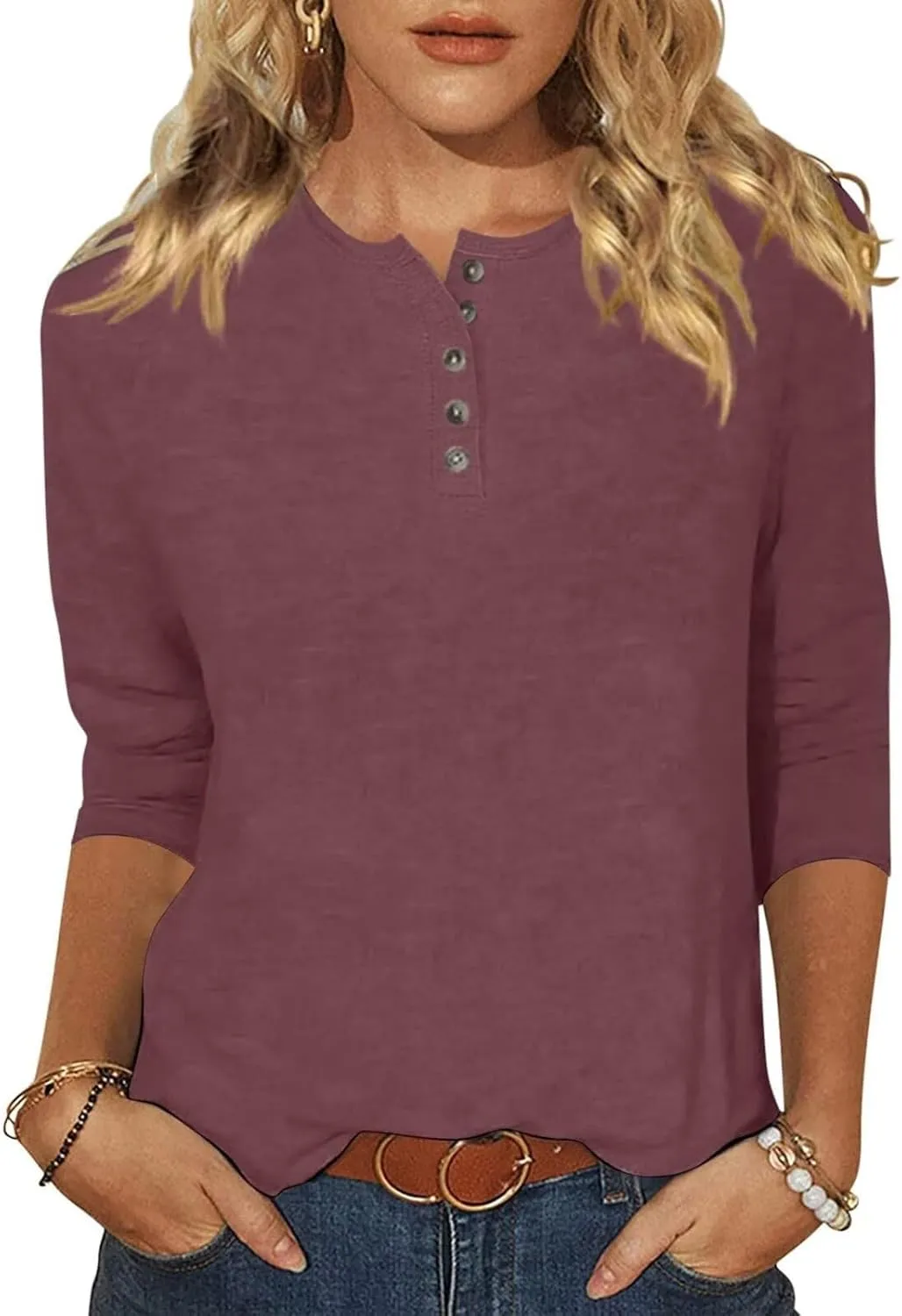 Women's Casual 3/4 Sleeve T-Shirts Oversized Button V Neck Basic Tees Blouses Solid Loose Henley Shirts Fall Clothes