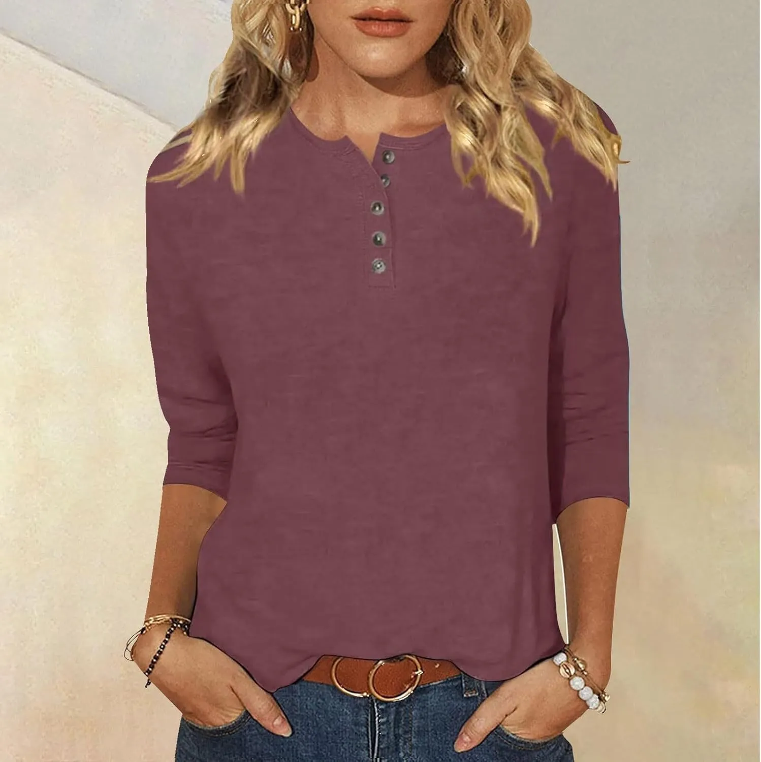 Women's Casual 3/4 Sleeve T-Shirts Oversized Button V Neck Basic Tees Blouses Solid Loose Henley Shirts Fall Clothes