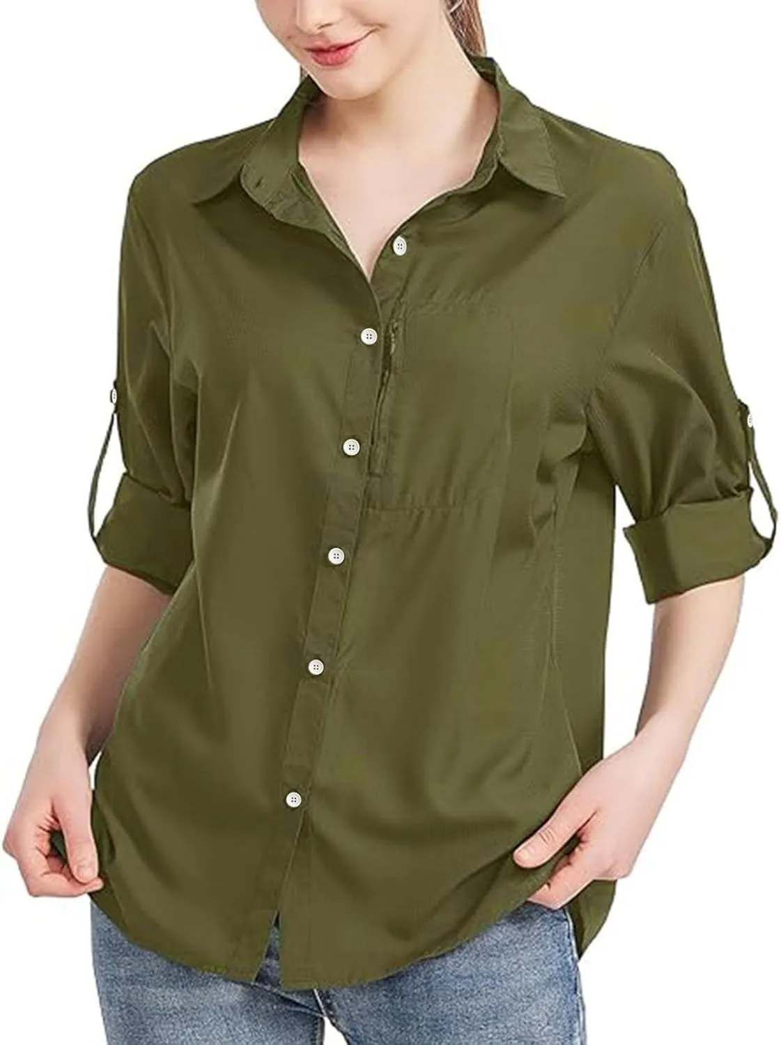 Womens Casual Business Blouses 2024 Fall Long Sleeve Button Down Oversized Shirts Rolled Up Collared Work Tunic Tops