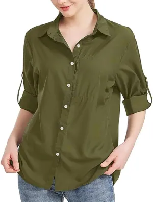 Womens Casual Business Blouses 2024 Fall Long Sleeve Button Down Oversized Shirts Rolled Up Collared Work Tunic Tops