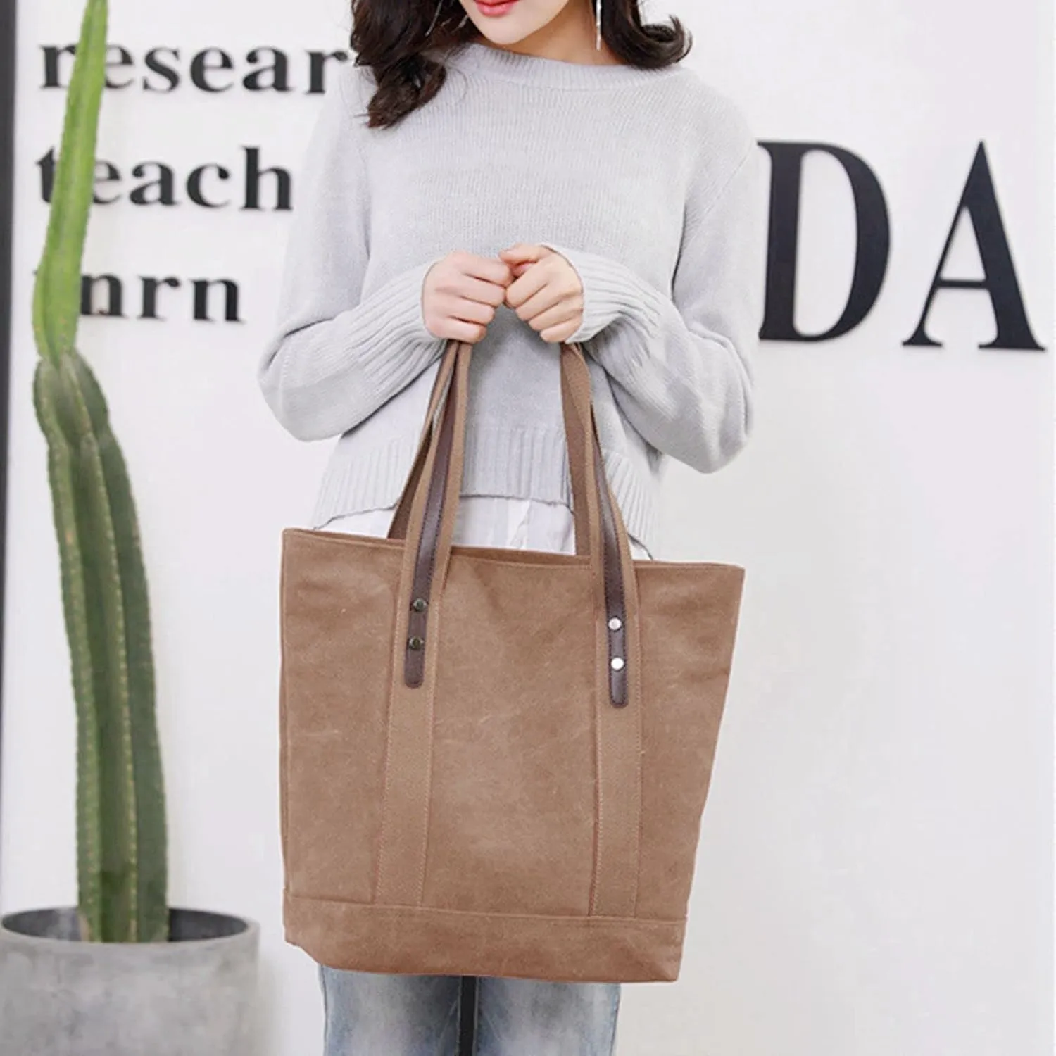 Women's Casual Canvas Handbags Work Tote Purses Shoulder Bags (Brown) One Size