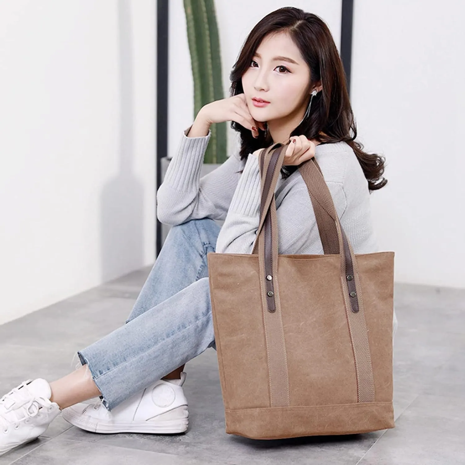 Women's Casual Canvas Handbags Work Tote Purses Shoulder Bags (Brown) One Size