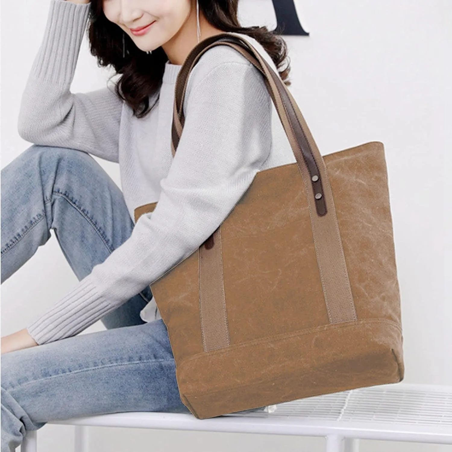 Women's Casual Canvas Handbags Work Tote Purses Shoulder Bags (Brown) One Size