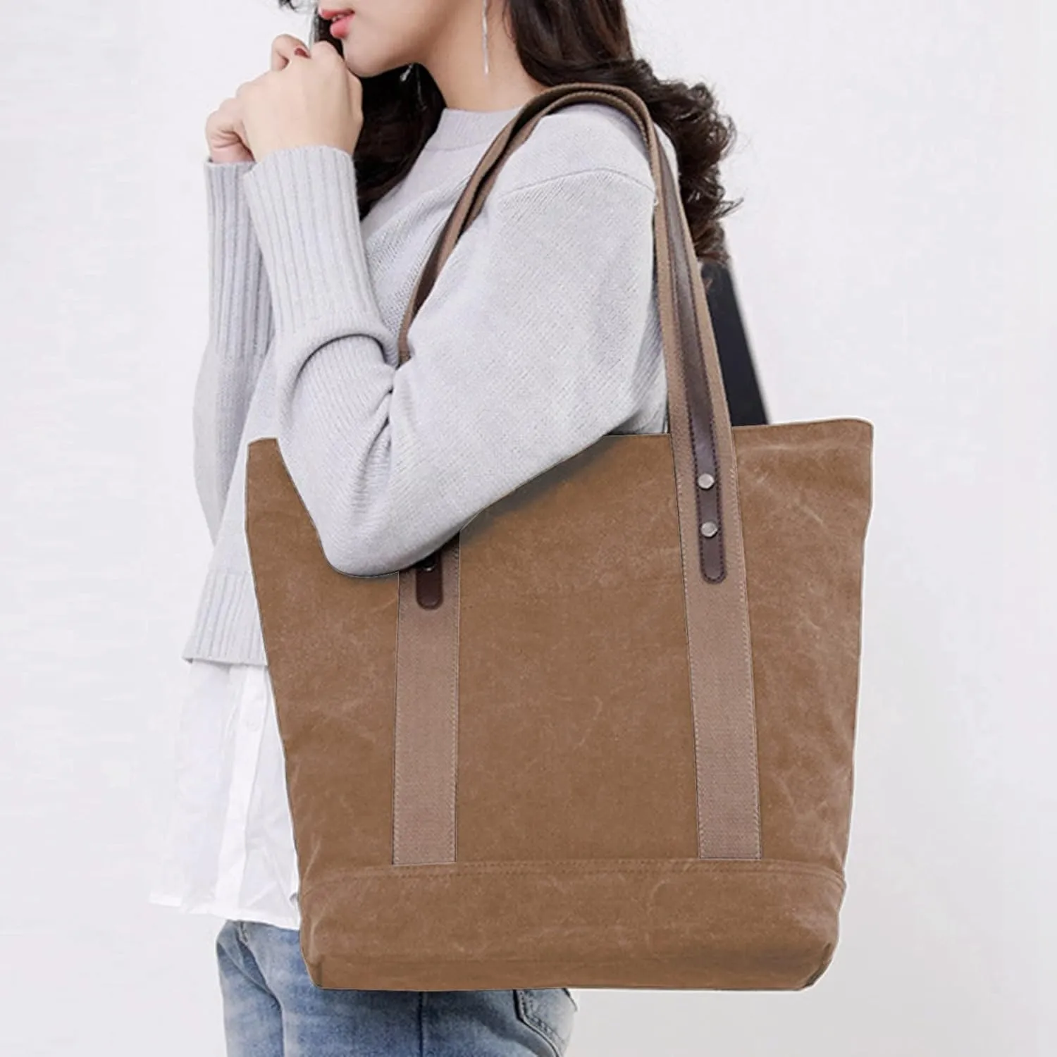 Women's Casual Canvas Handbags Work Tote Purses Shoulder Bags (Brown) One Size