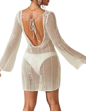 Womens Crochet Beach Cover up Sexy Backless Bathing Suit Swim Outfits Sheer Mesh Long Bell Sleeve Mini Dress 2024