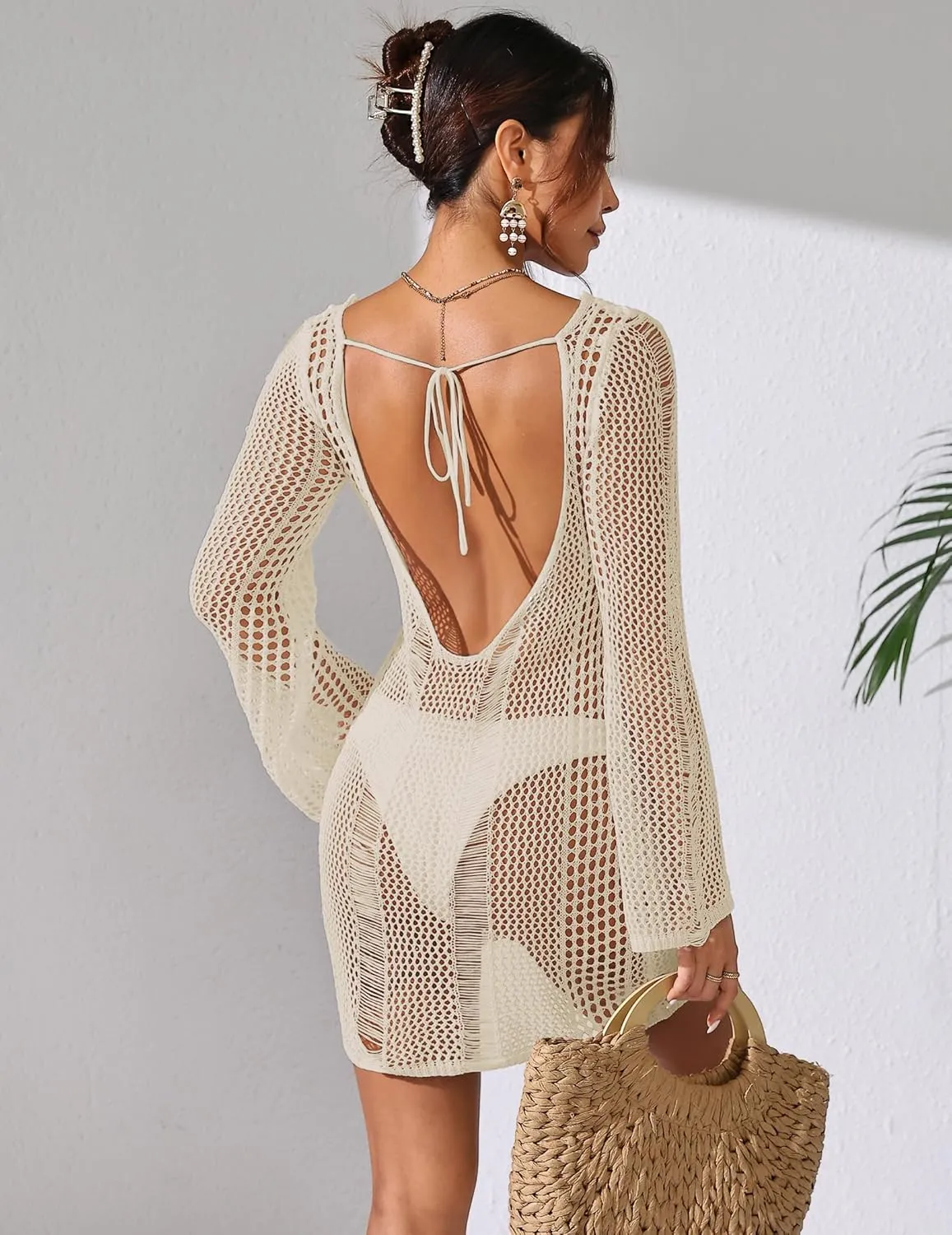 Womens Crochet Beach Cover up Sexy Backless Bathing Suit Swim Outfits Sheer Mesh Long Bell Sleeve Mini Dress 2024