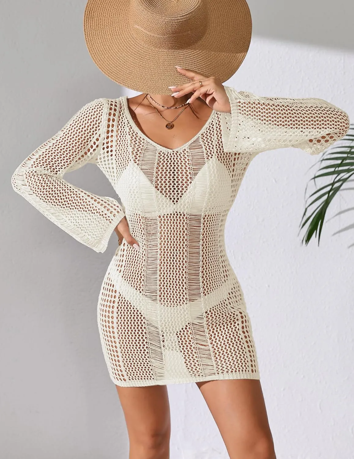 Womens Crochet Beach Cover up Sexy Backless Bathing Suit Swim Outfits Sheer Mesh Long Bell Sleeve Mini Dress 2024